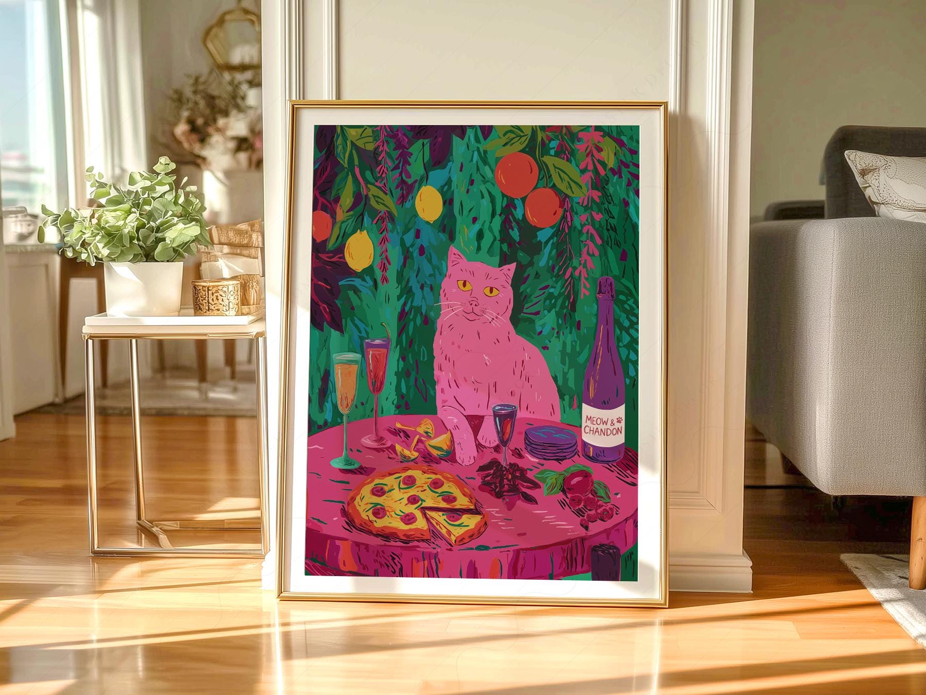 Meow Chandon Cat Print – Maximalist Kitchen Art Funny Cat Poster