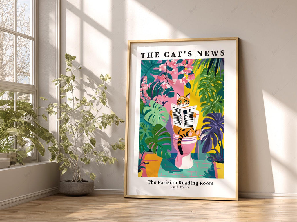 The Cat's News Parisian Reading Room Print – Funny Bathroom Wall Art