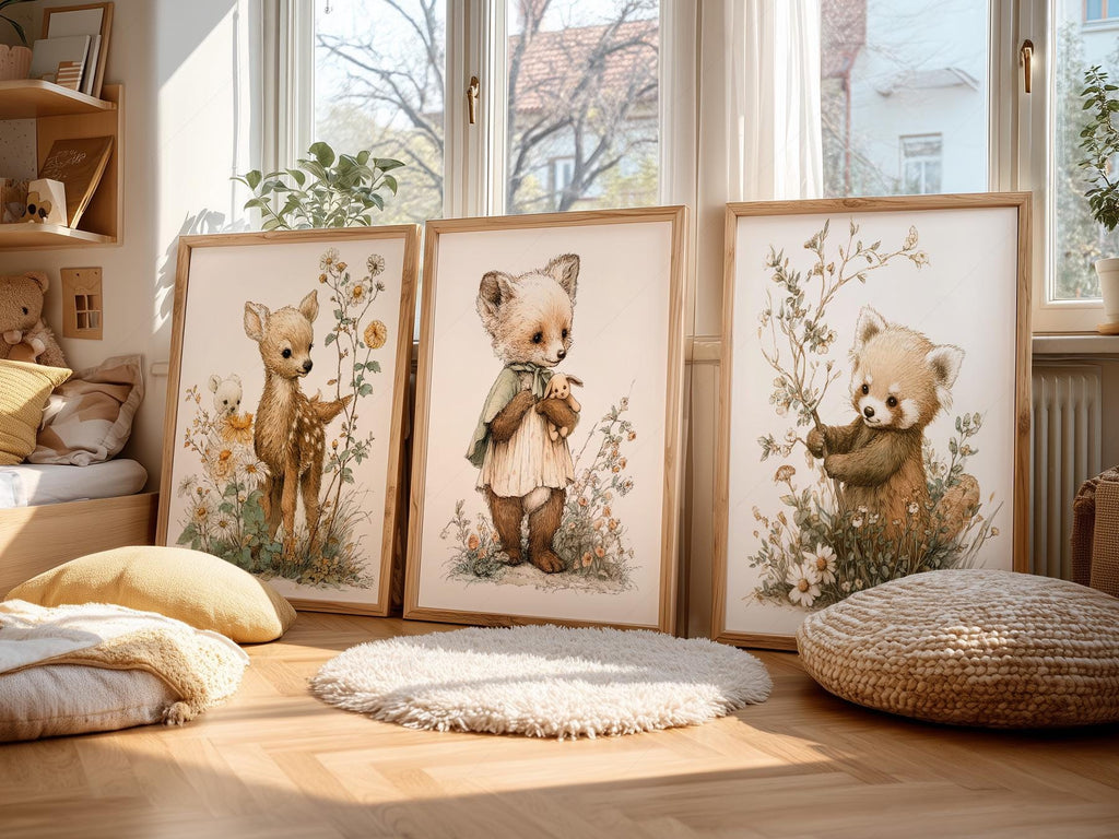 Woodland Nursery Art Set of 3 – Deer Fox Red Panda Storybook Prints