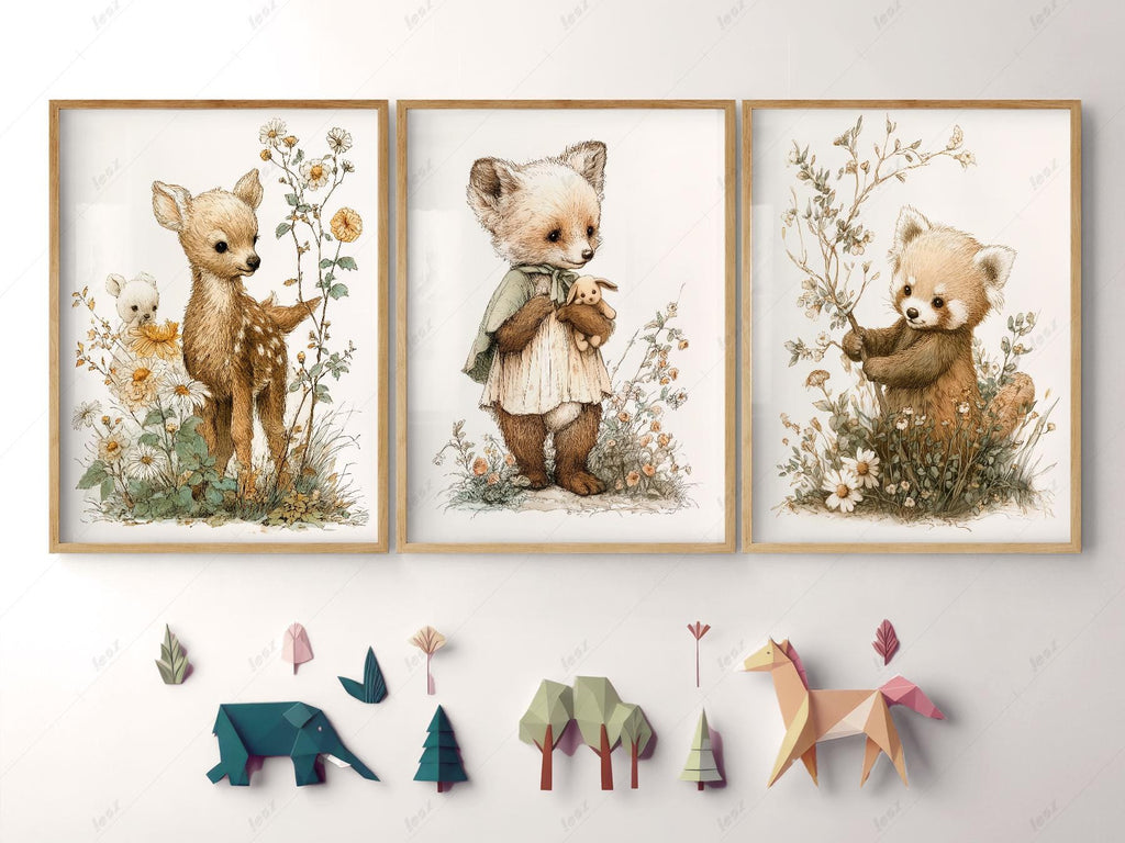 Woodland Nursery Art Set of 3 – Deer Fox Red Panda Storybook Prints