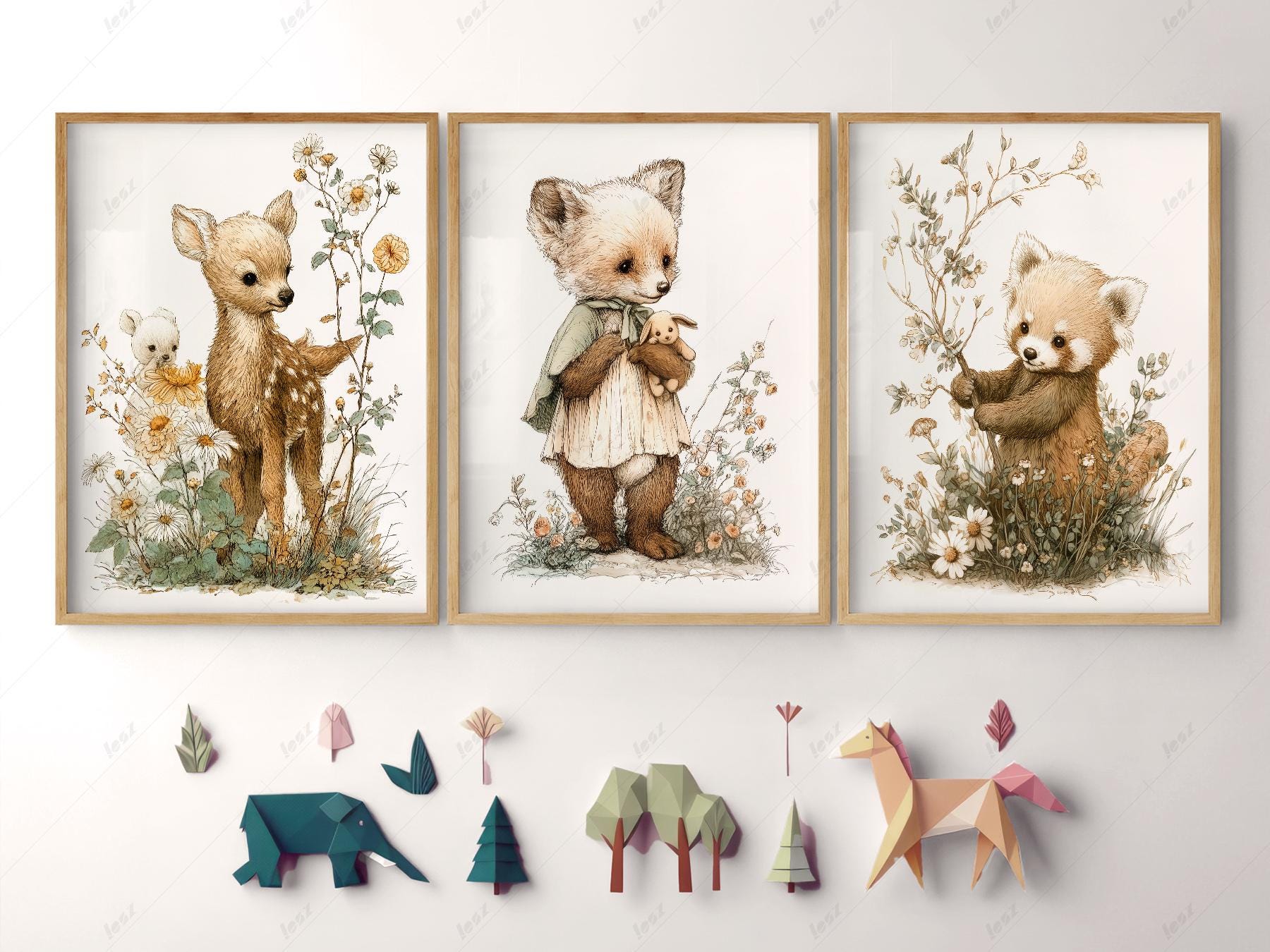 Woodland Nursery Art Set of 3 – Deer Fox Red Panda Storybook Prints