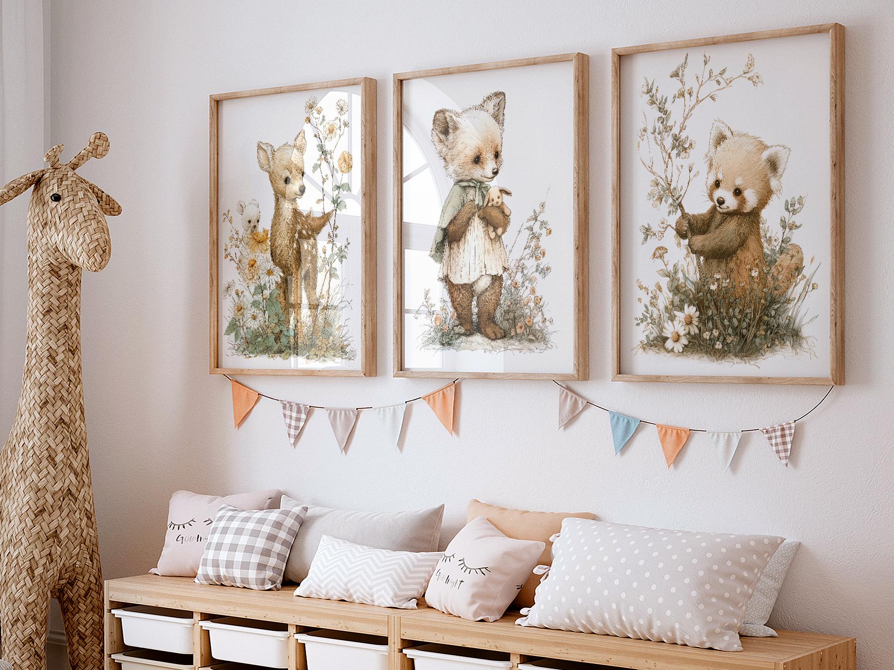 Woodland Nursery Art Set of 3 – Deer Fox Red Panda Storybook Prints