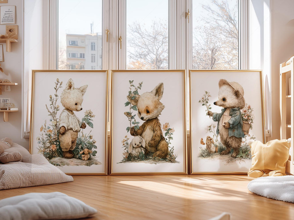 Woodland Nursery Art Set – Whimsical Forest Animals Storybook Prints