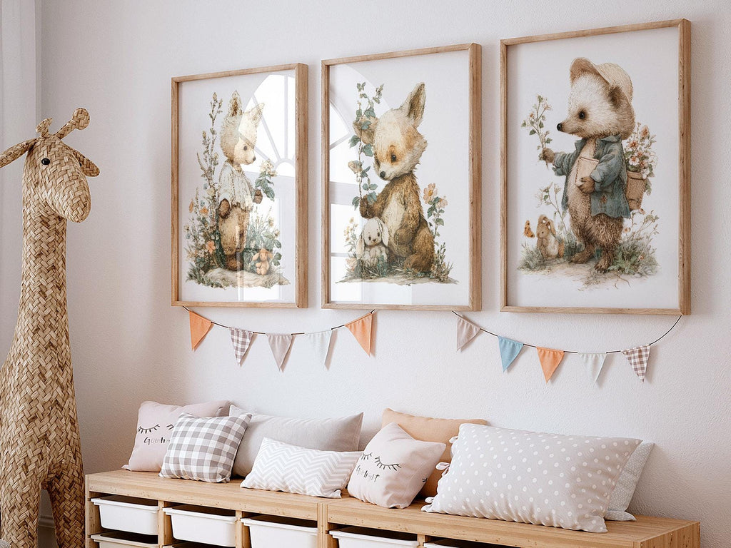 Woodland Nursery Art Set – Whimsical Forest Animals Storybook Prints
