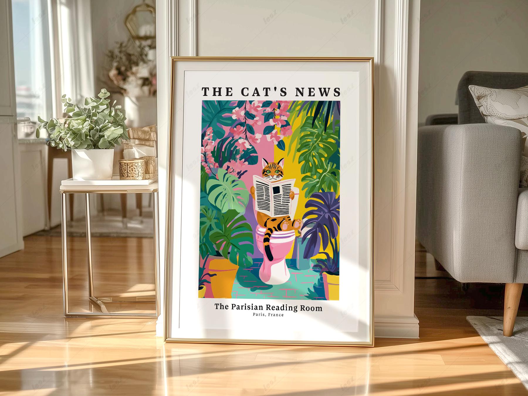 The Cat's News Parisian Reading Room Print – Funny Bathroom Wall Art