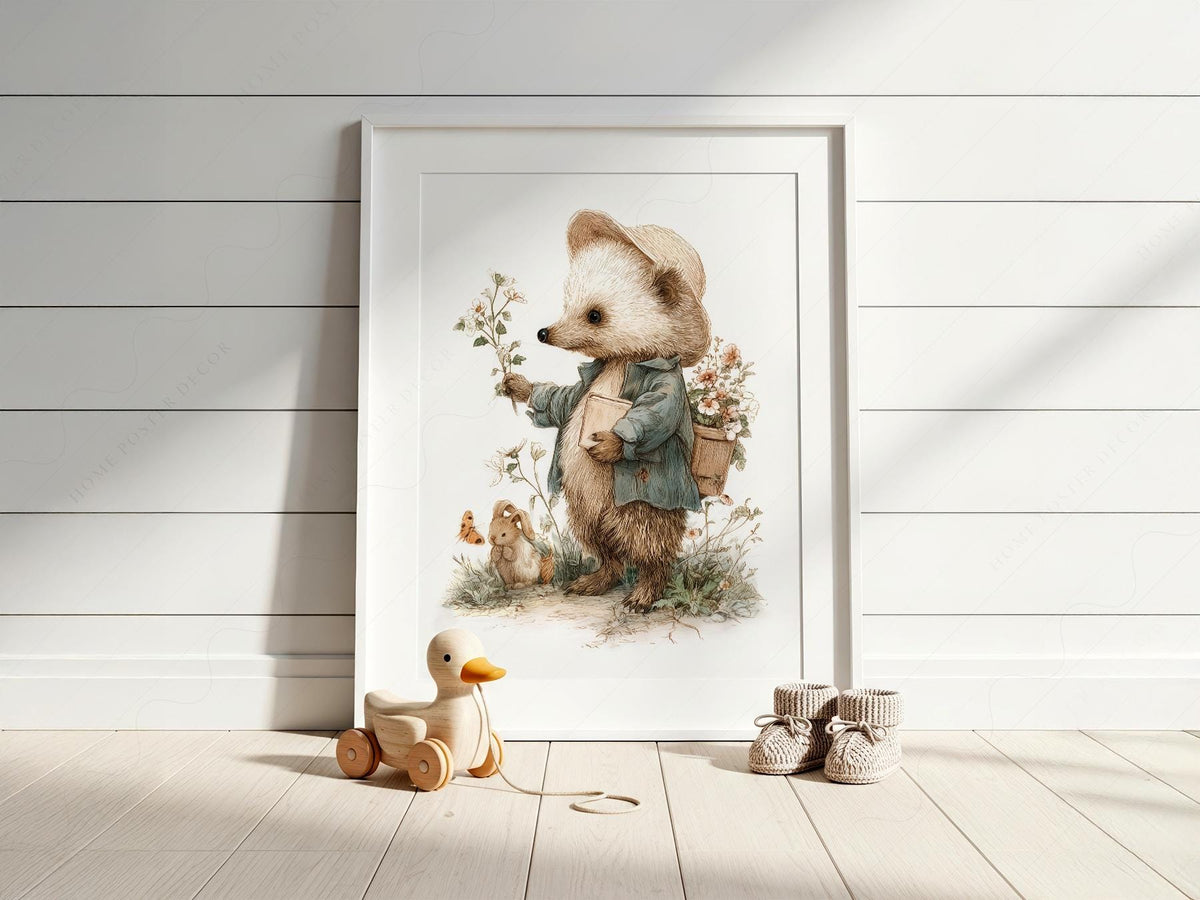 Whimsical Hedgehog Garden Print – Vintage Nursery Wall Art Poster