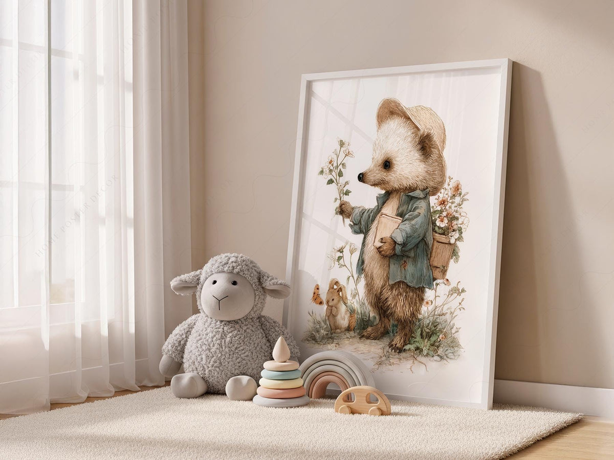 Whimsical Hedgehog Garden Print – Vintage Nursery Wall Art Poster