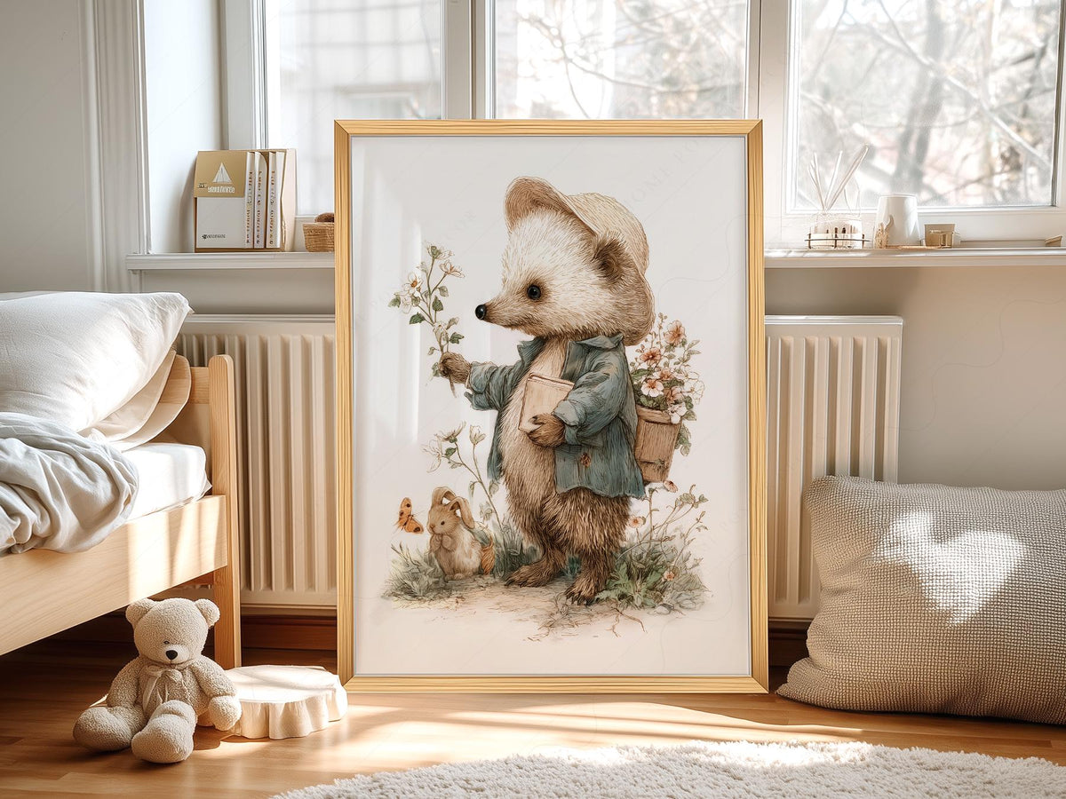 Whimsical Hedgehog Garden Print – Vintage Nursery Wall Art Poster
