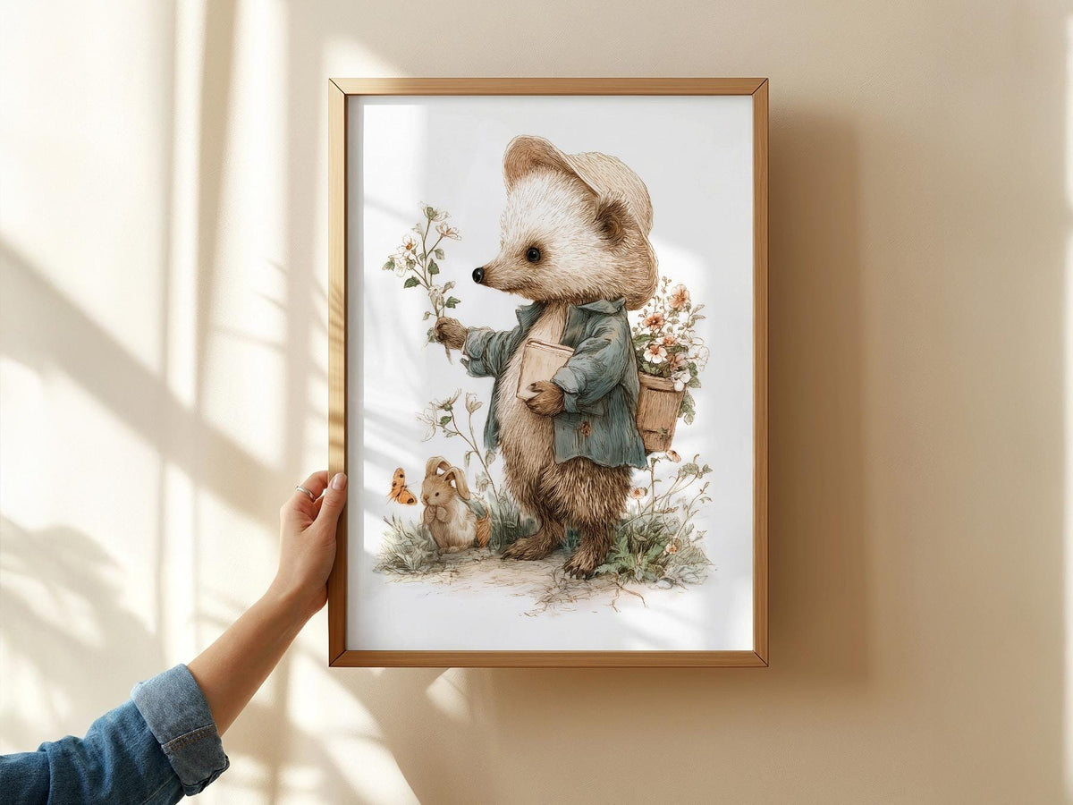 Whimsical Hedgehog Garden Print – Vintage Nursery Wall Art Poster