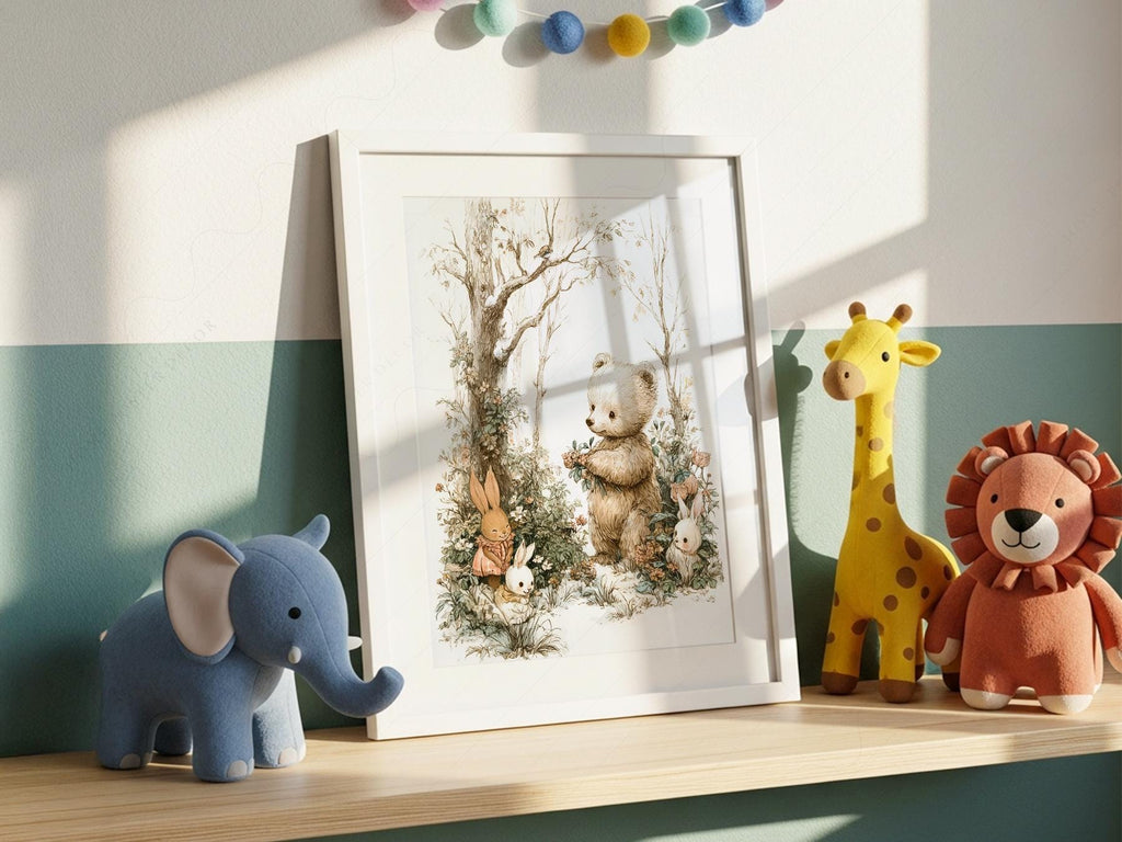 Woodland Bear and Bunnies Nursery Art Print – Neutral Baby Room Decor