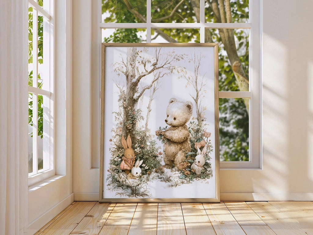 Woodland Bear and Bunnies Nursery Art Print – Neutral Baby Room Decor
