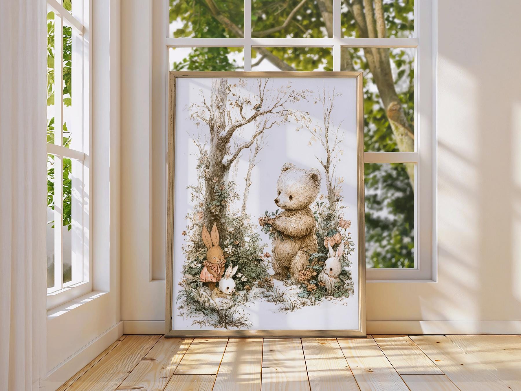 Woodland Bear and Bunnies Nursery Art Print – Neutral Baby Room Decor