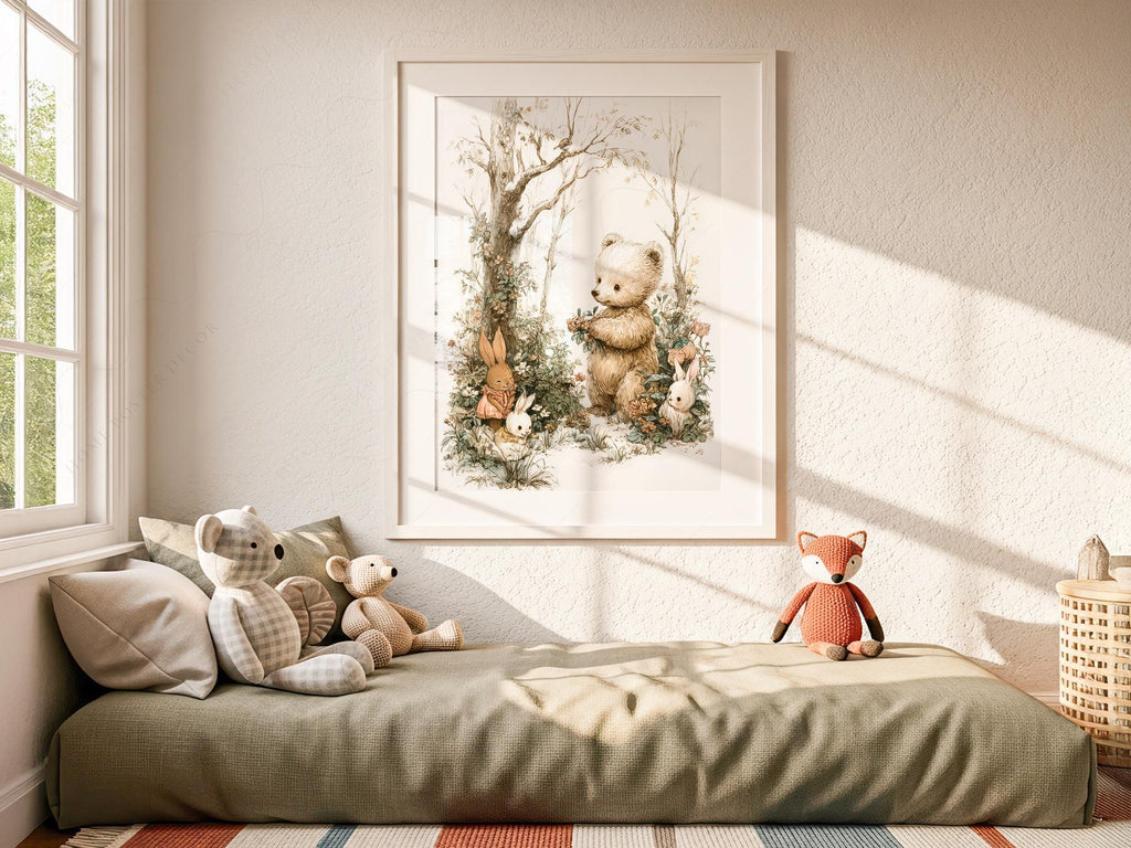 Woodland Bear and Bunnies Nursery Art Print – Neutral Baby Room Decor