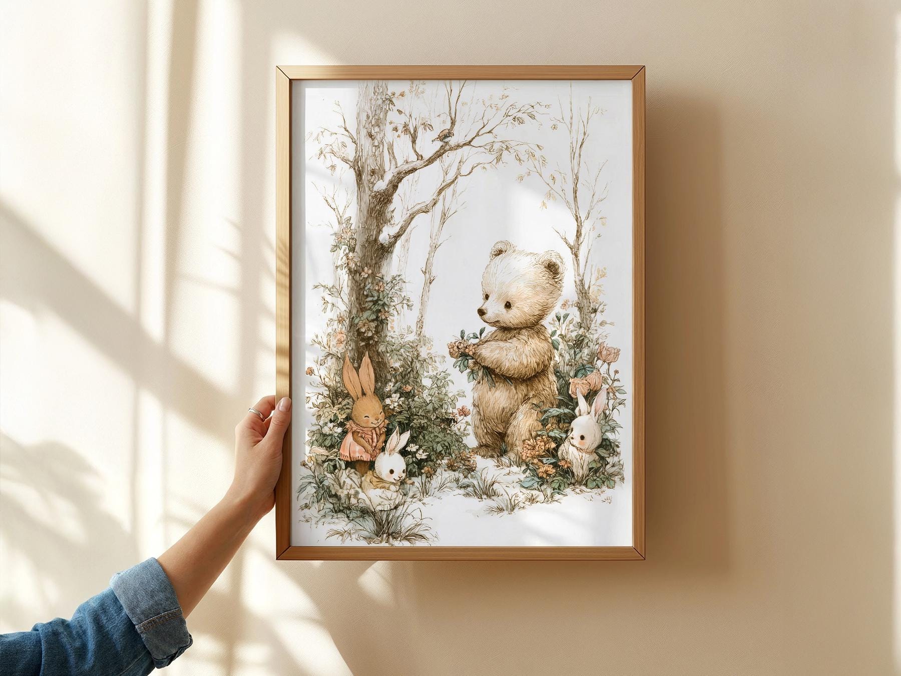 Woodland Bear and Bunnies Nursery Art Print – Neutral Baby Room Decor
