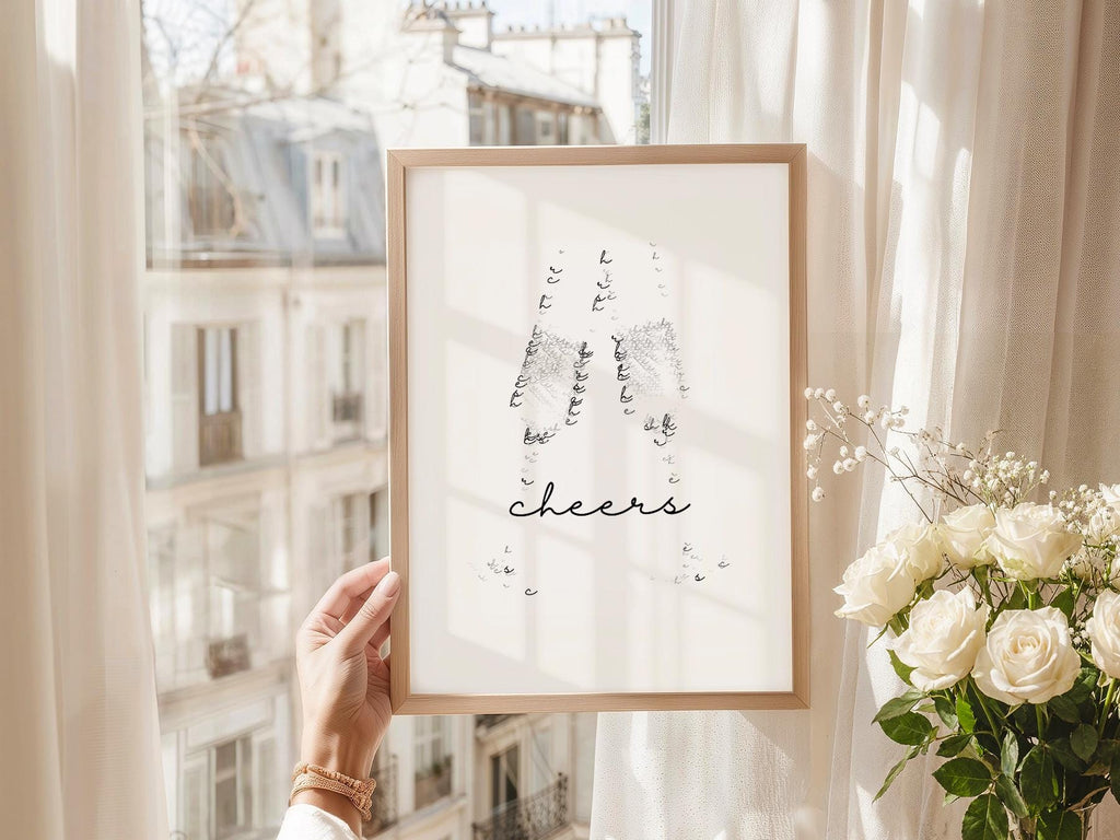 Cheers Champagne Typography Print – Minimalist Bar Cart Wall Art Poster