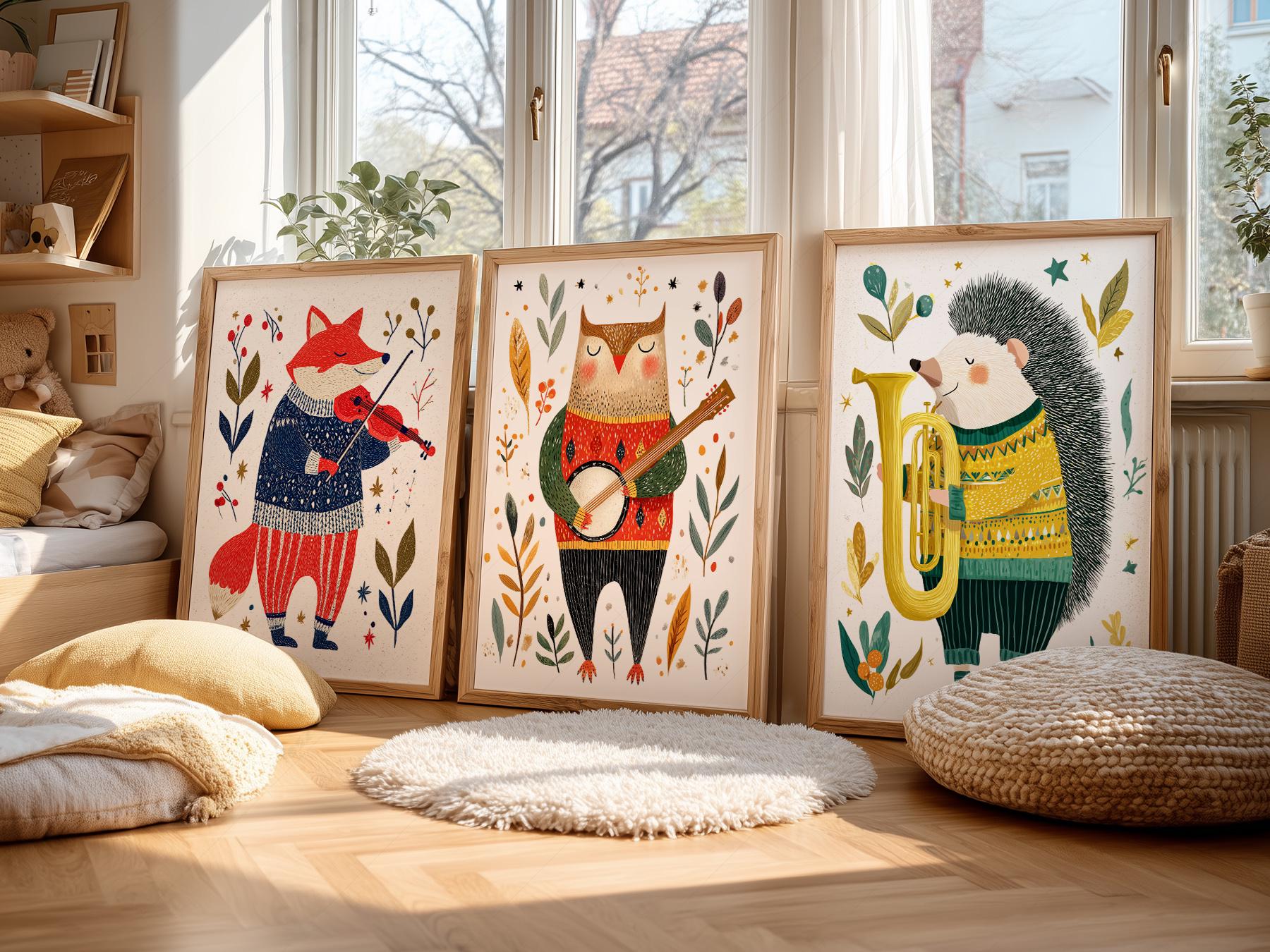 Woodland Animal Musician Print Set of 3 – Whimsical Nursery Wall Art