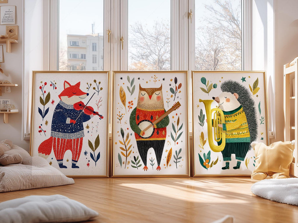 Woodland Animal Musician Print Set of 3 – Whimsical Nursery Wall Art