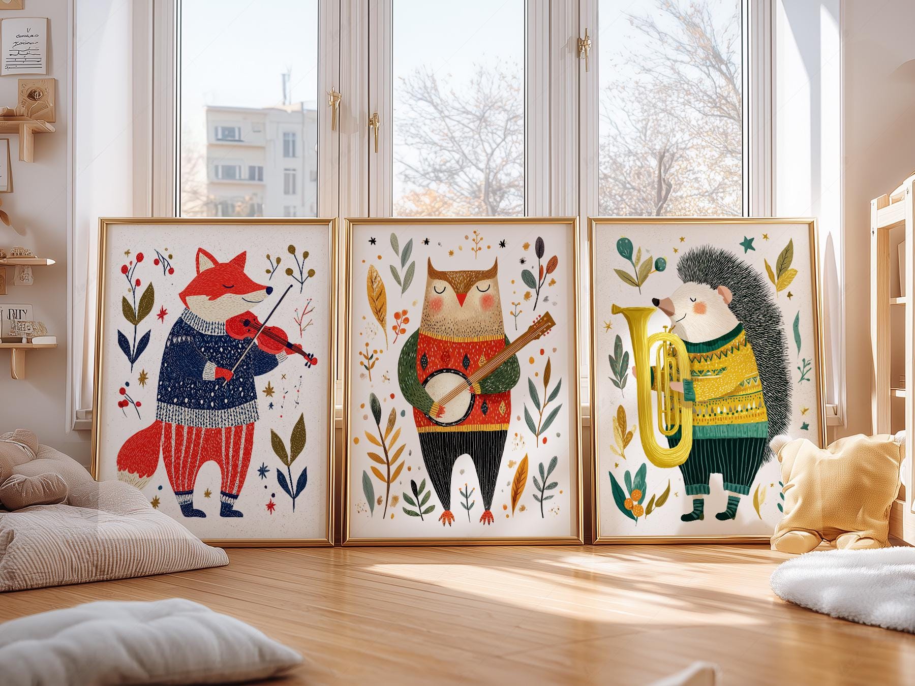 Woodland Animal Musician Print Set of 3 – Whimsical Nursery Wall Art