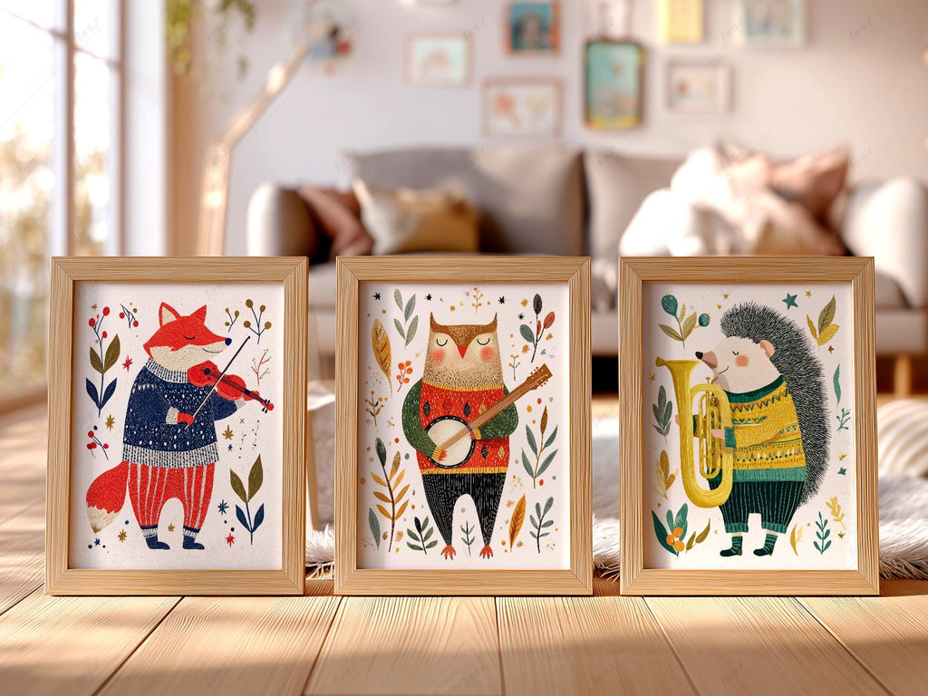 Woodland Animal Musician Print Set of 3 – Whimsical Nursery Wall Art