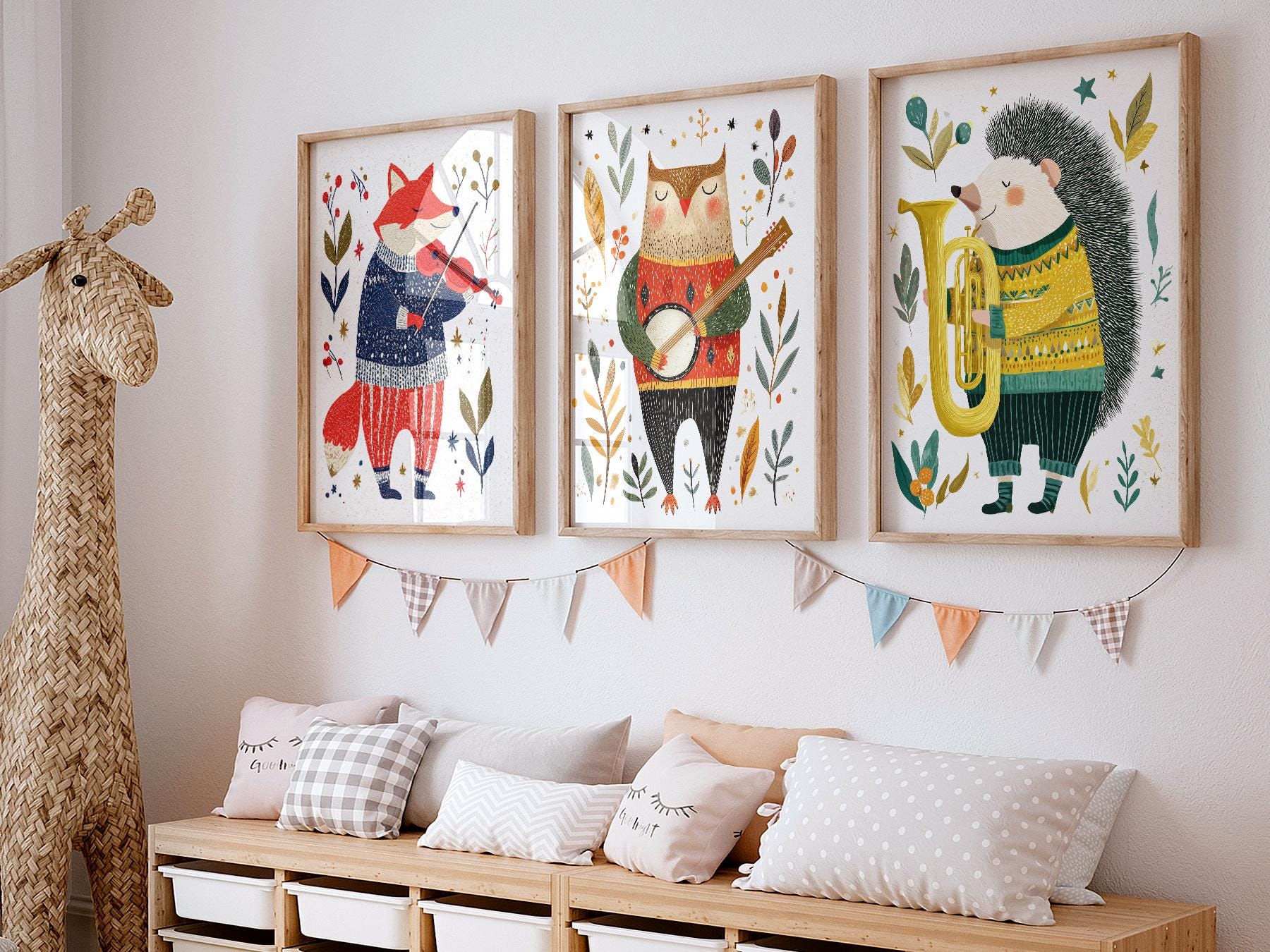Woodland Animal Musician Print Set of 3 – Whimsical Nursery Wall Art
