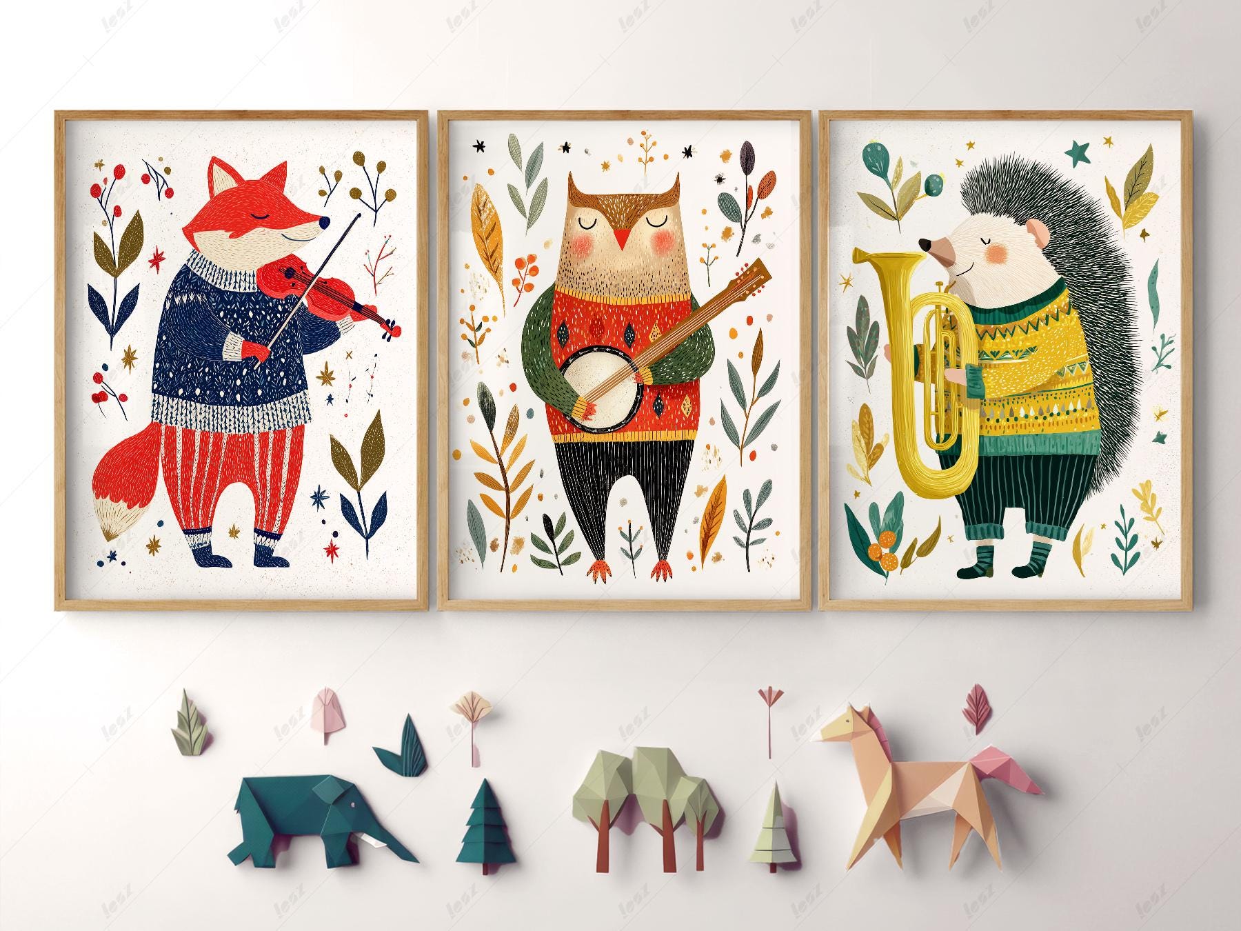 Woodland Animal Musician Print Set of 3 – Whimsical Nursery Wall Art