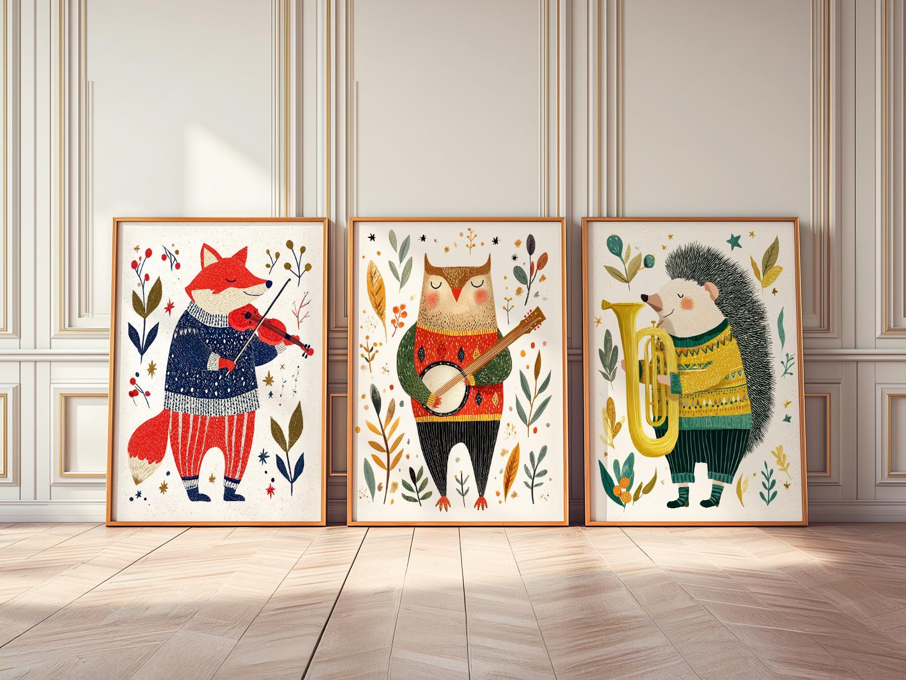 Woodland Animal Musician Print Set of 3 – Whimsical Nursery Wall Art