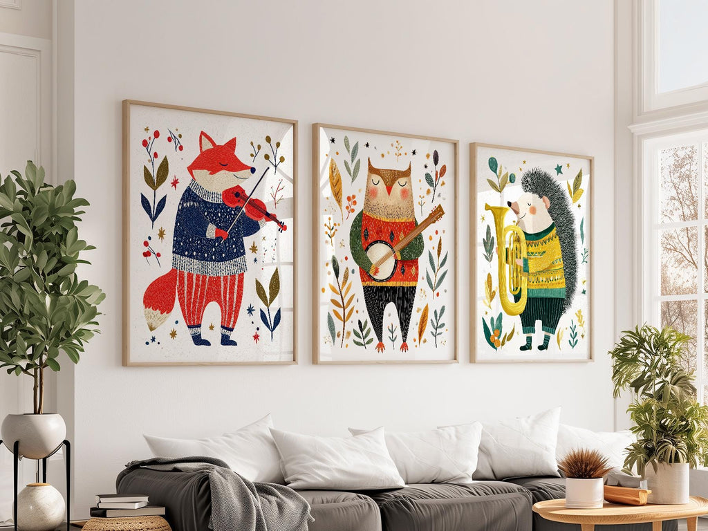 Woodland Animal Musician Print Set of 3 – Whimsical Nursery Wall Art