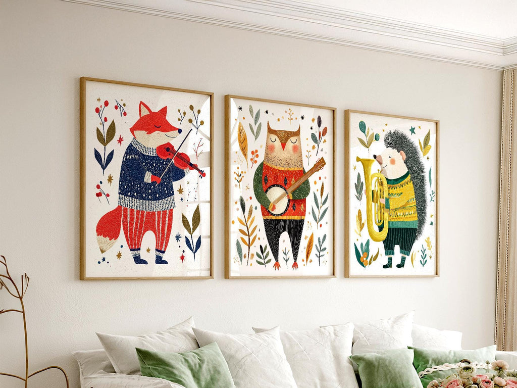 Woodland Animal Musician Print Set of 3 – Whimsical Nursery Wall Art
