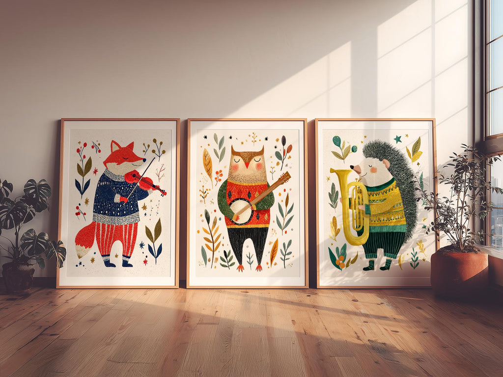 Woodland Animal Musician Print Set of 3 – Whimsical Nursery Wall Art