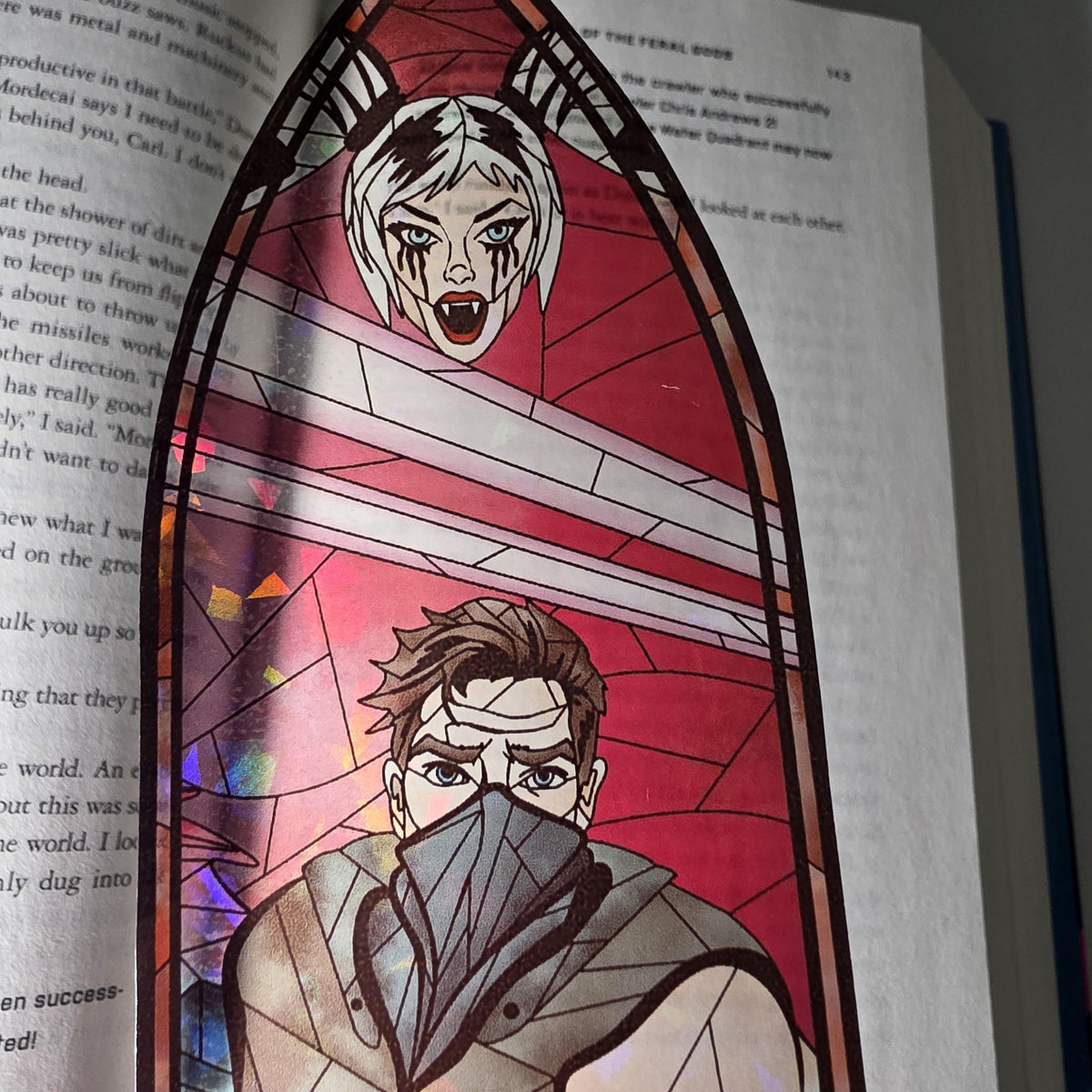Dungeon Crawler Carl Stained Glass Style Bookmark: Carl and Samantha (Handmade with Holographic Art) 15