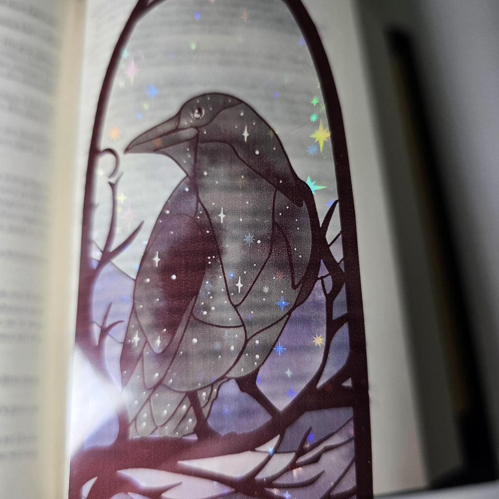Gothic Raven Stained Glass Style Bookmark: Moon Scene, Holographic Art 3