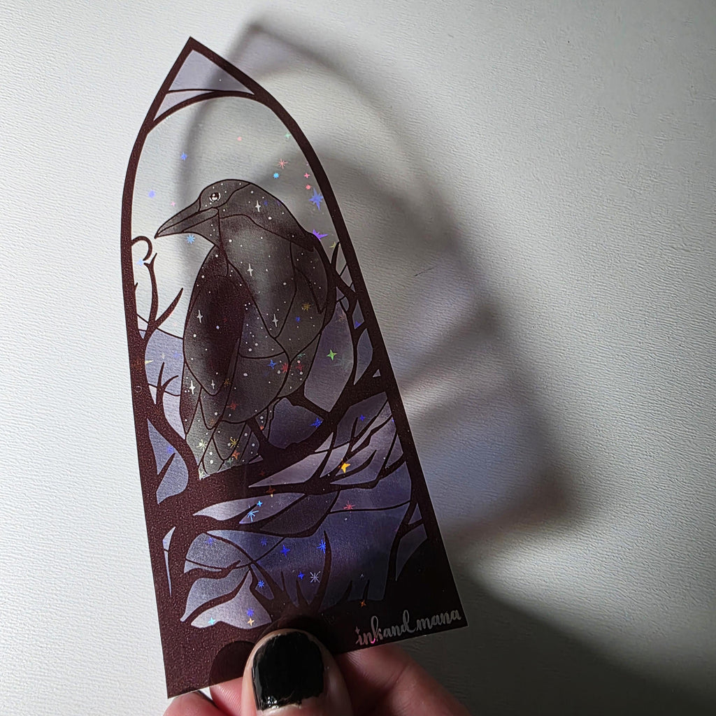 Gothic Raven Stained Glass Style Bookmark: Moon Scene, Holographic Art 8