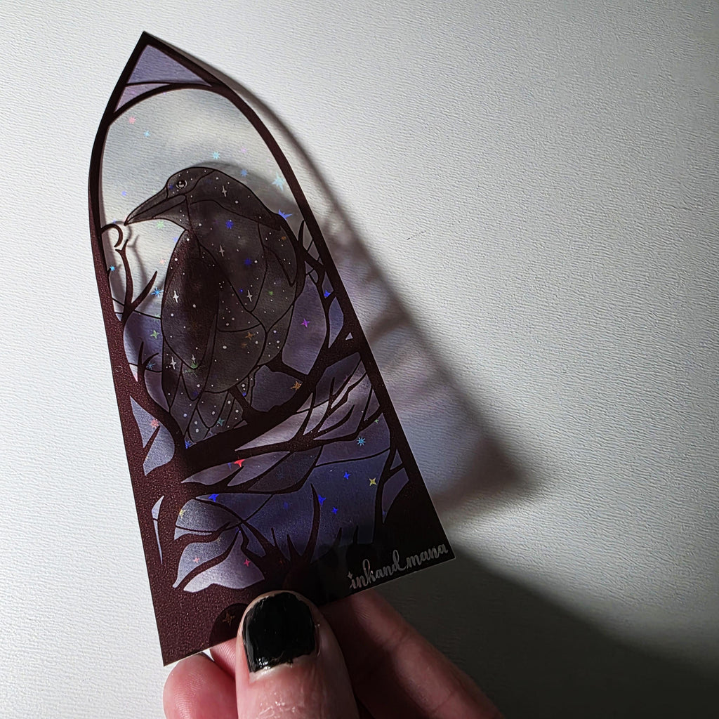 Gothic Raven Stained Glass Style Bookmark: Moon Scene, Holographic Art 9