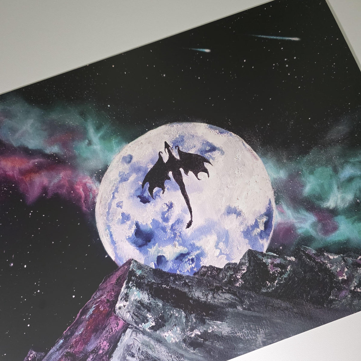 Fantasy Dragon Galaxy Art Print - 12" x 16" Moon and Nebula Artwork 2