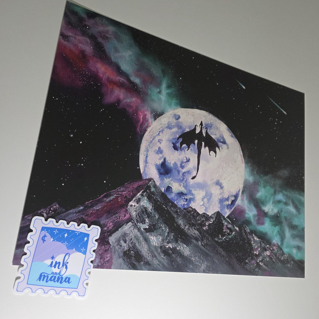 Fantasy Dragon Galaxy Art Print - 12" x 16" Moon and Nebula Artwork 12