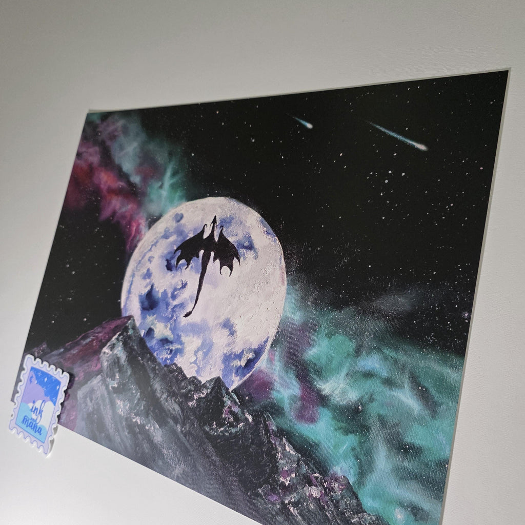 Fantasy Dragon Galaxy Art Print - 12" x 16" Moon and Nebula Artwork 13