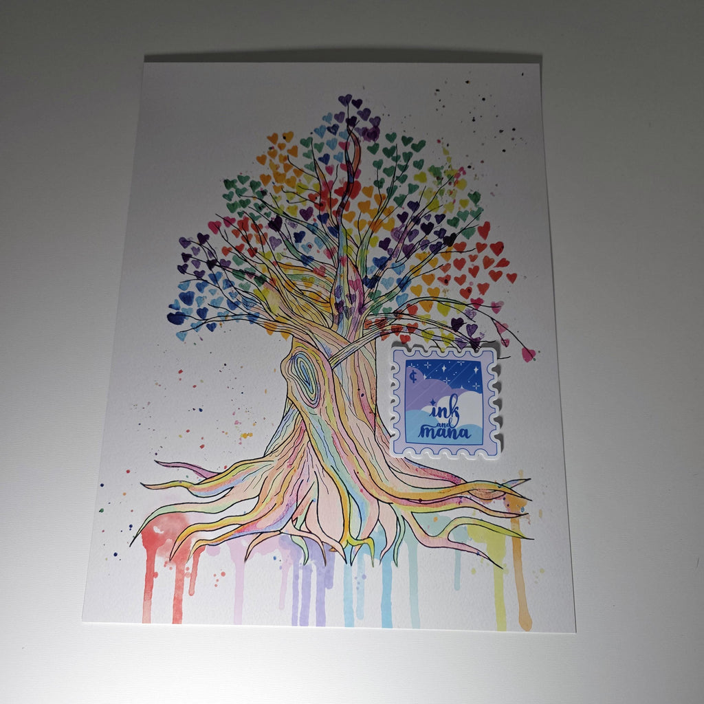 Tree of Life Watercolour Art Print - 12" x 16" Rainbow Heart Tree Artwork 2