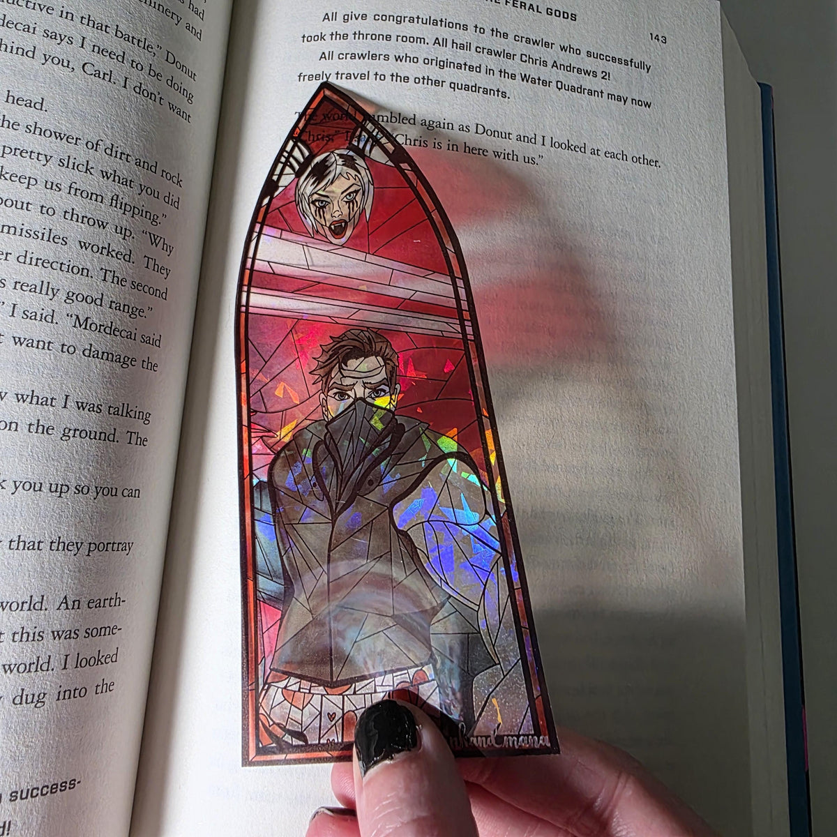 Dungeon Crawler Carl Stained Glass Style Bookmark: Carl and Samantha (Handmade with Holographic Art) 3