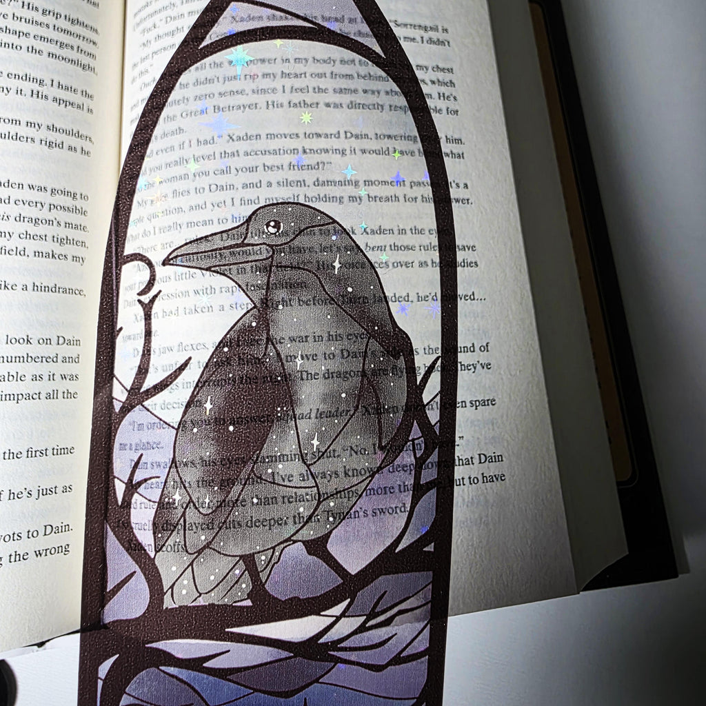 Gothic Raven Stained Glass Style Bookmark: Moon Scene, Holographic Art 2