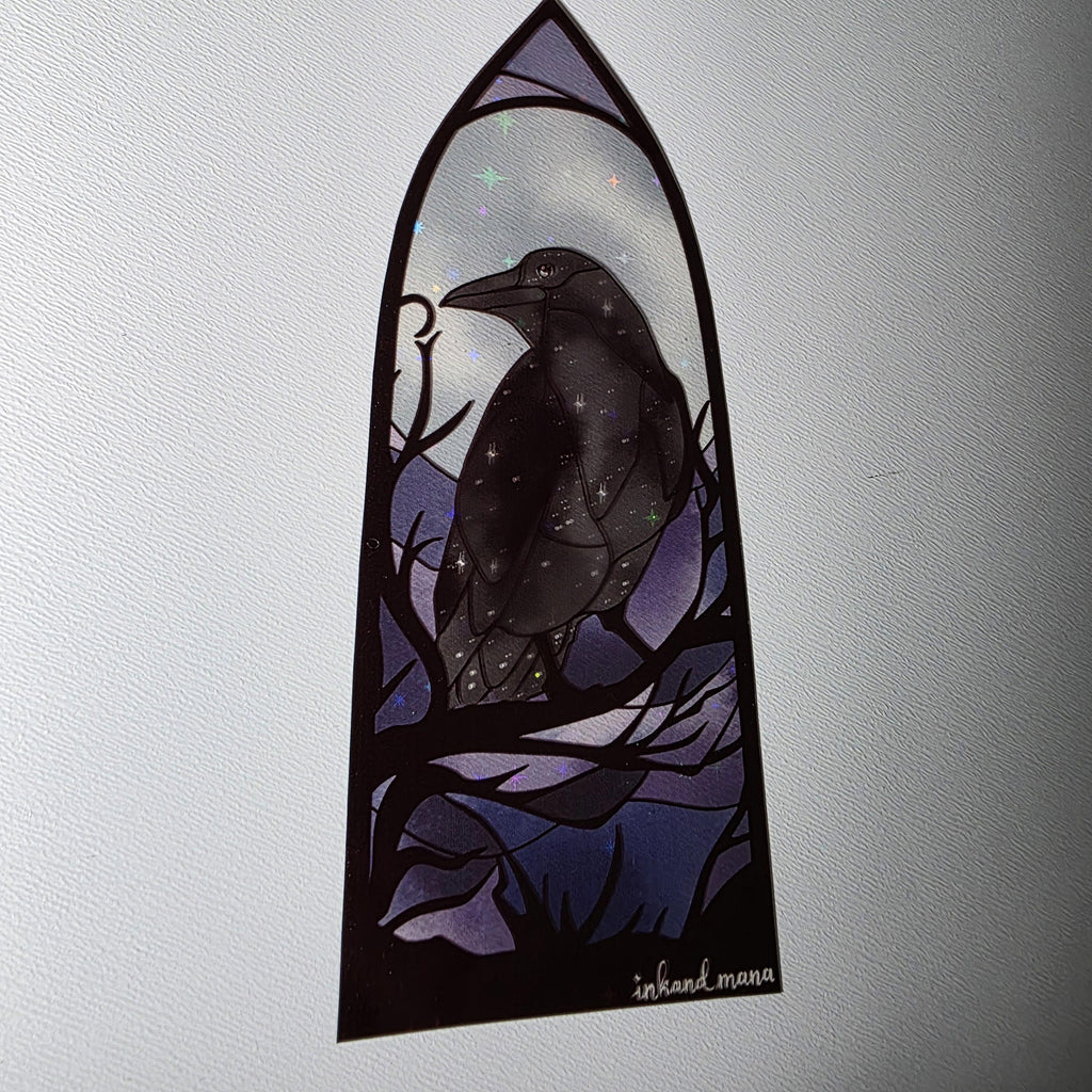 Gothic Raven Stained Glass Style Bookmark: Moon Scene, Holographic Art 10