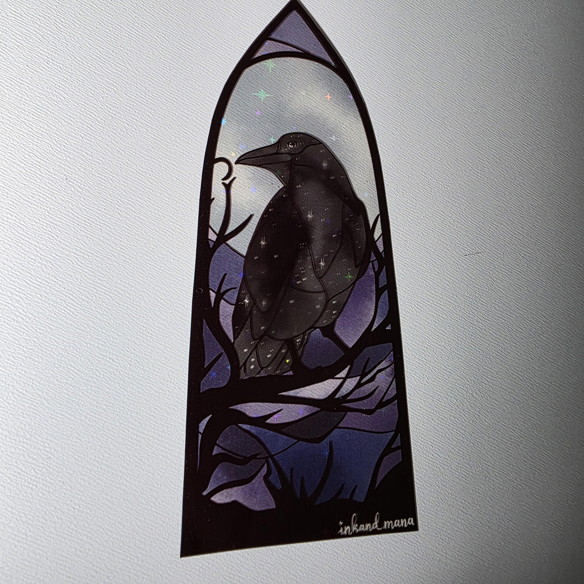 Gothic Raven Stained Glass Style Bookmark: Moon Scene, Holographic Art 10