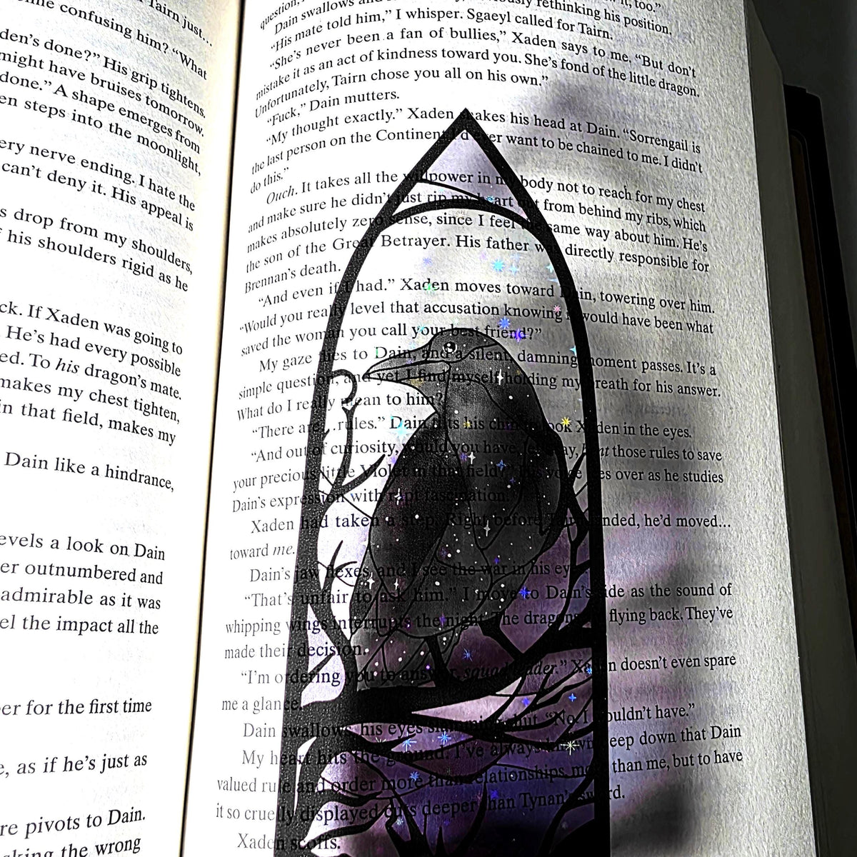 Gothic Raven Stained Glass Style Bookmark: Moon Scene, Holographic Art