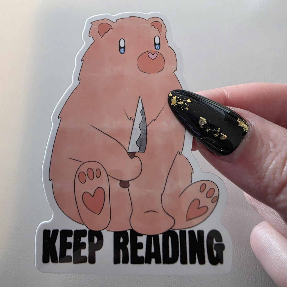 Bear with Knife Sticker sayingKeep Reading (3" Glossy Finish)