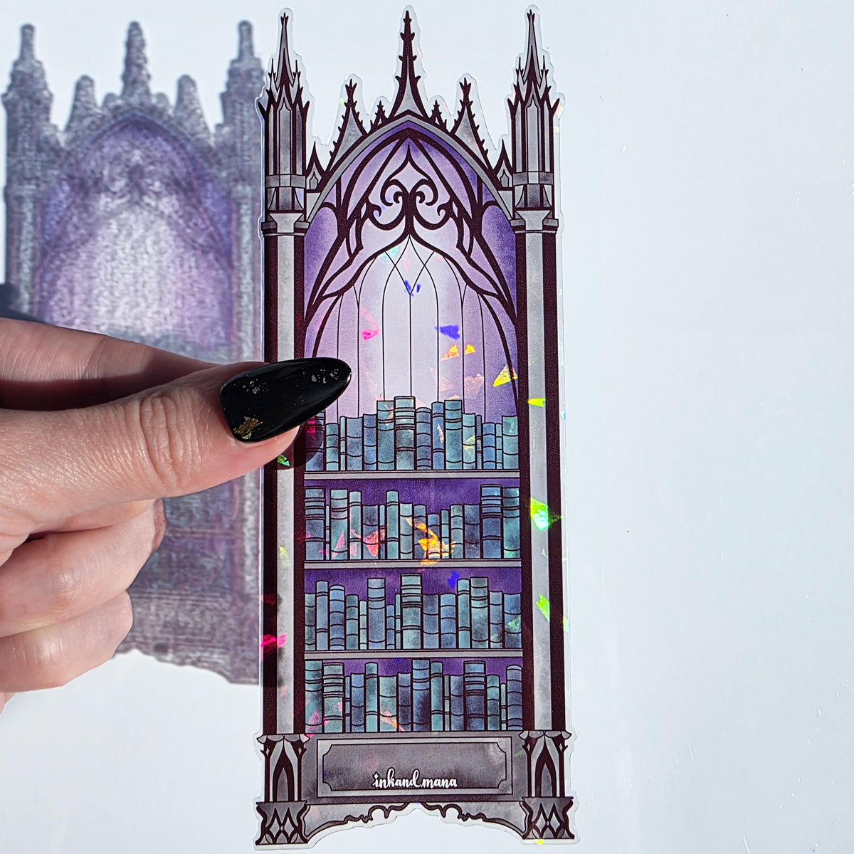 Gothic Bookcase Stained Glass Style Bookmark: Handmade with Holographic Art