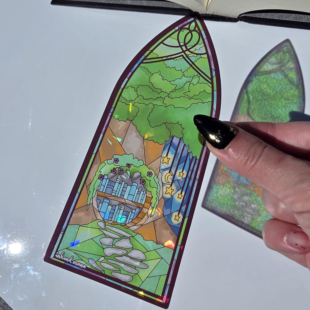 Cozy Forest Library Stained Glass Style Bookmark: Handmade with Holographic Art 8