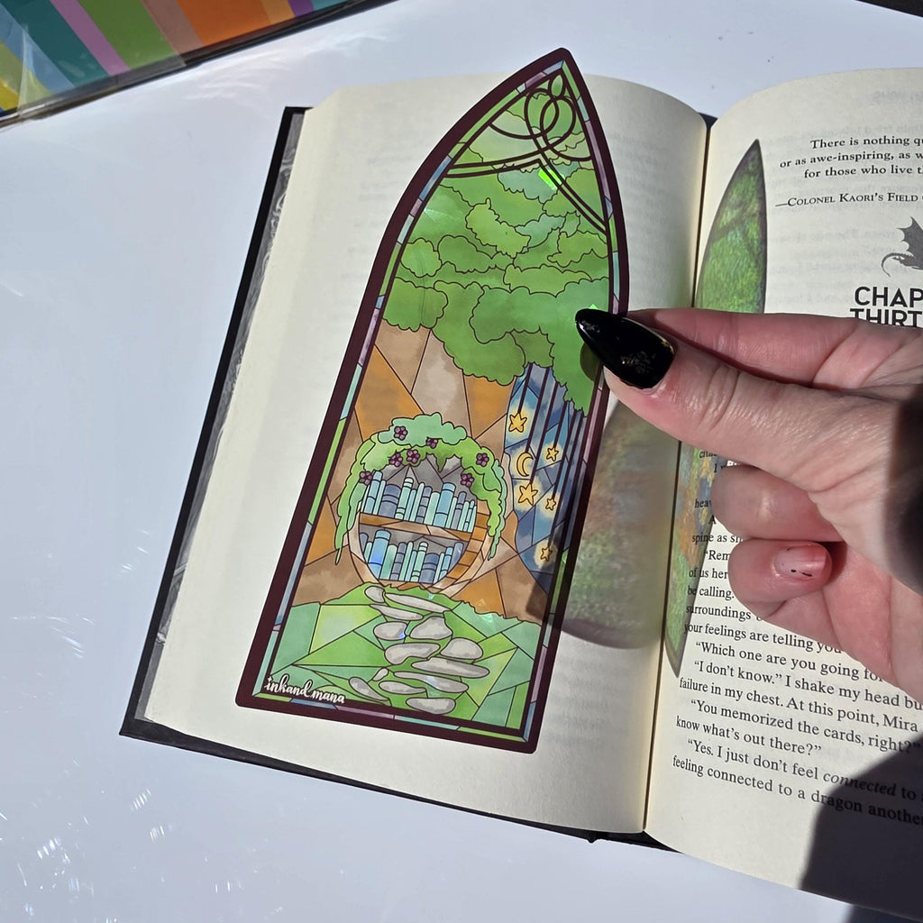 Cozy Forest Library Stained Glass Style Bookmark: Handmade with Holographic Art 16