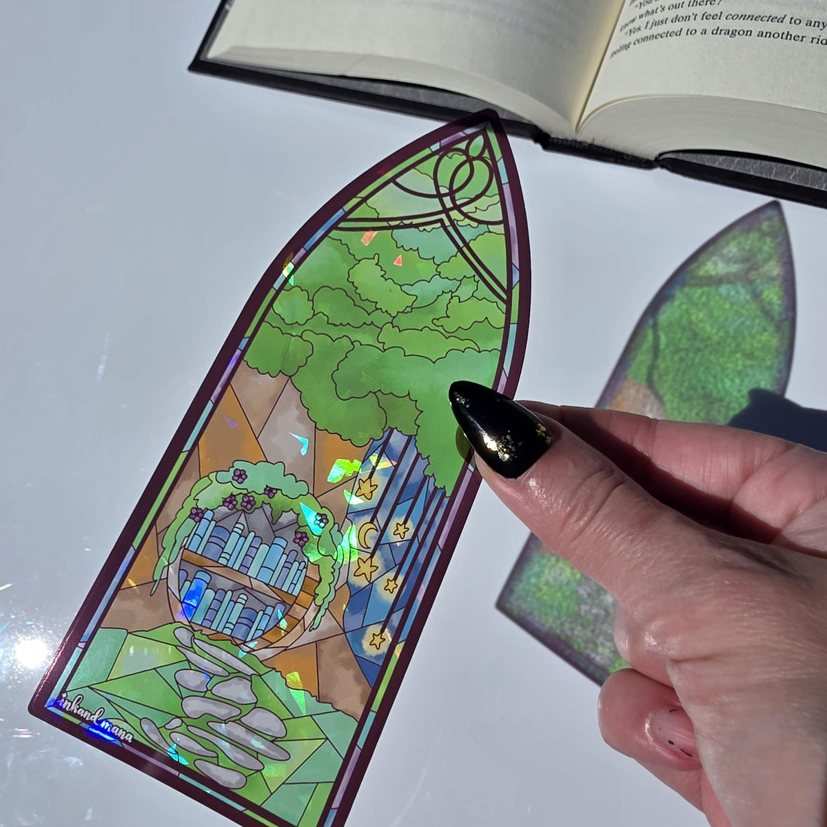 Cozy Forest Library Stained Glass Style Bookmark: Handmade with Holographic Art 11