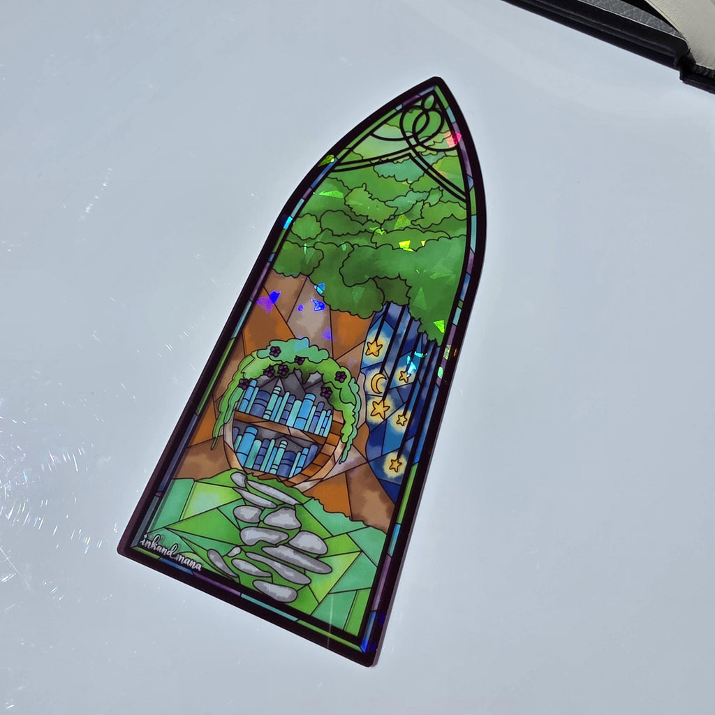 Cozy Forest Library Stained Glass Style Bookmark: Handmade with Holographic Art 18