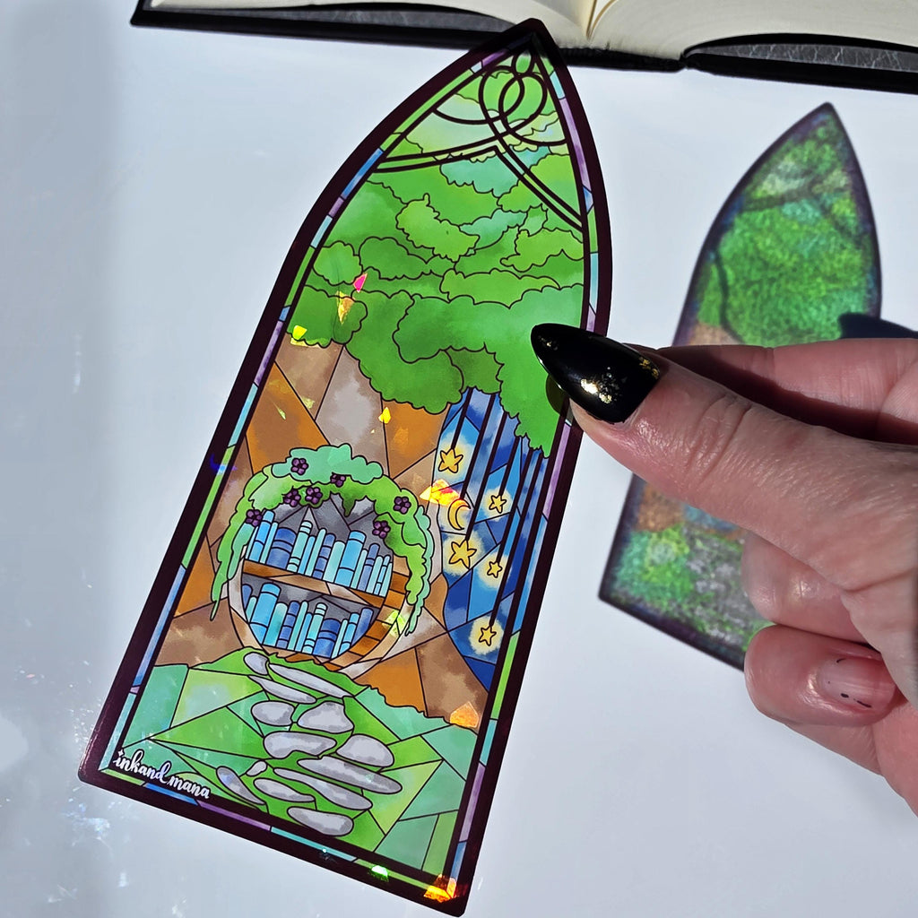 Cozy Forest Library Stained Glass Style Bookmark: Handmade with Holographic Art 2