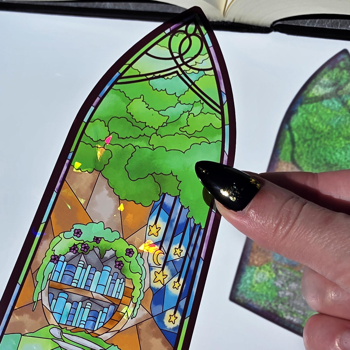 Cozy Forest Library Stained Glass Style Bookmark: Handmade with Holographic Art